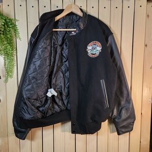 Varsity Jacket Black With Route 66 And Live To Ride Patches. Leather & Wool